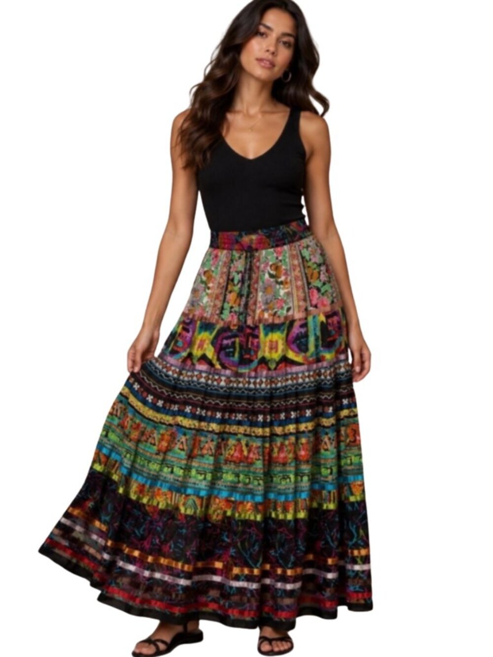 TravelSmith Gypsy Tiered Maxi Skirt Floral Patchwork Boho Festival - Small